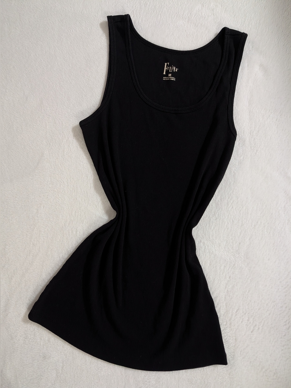 57% Cotton Black Ribbed Tank Top, Size Medium, Comfortable, Perfect For Layering